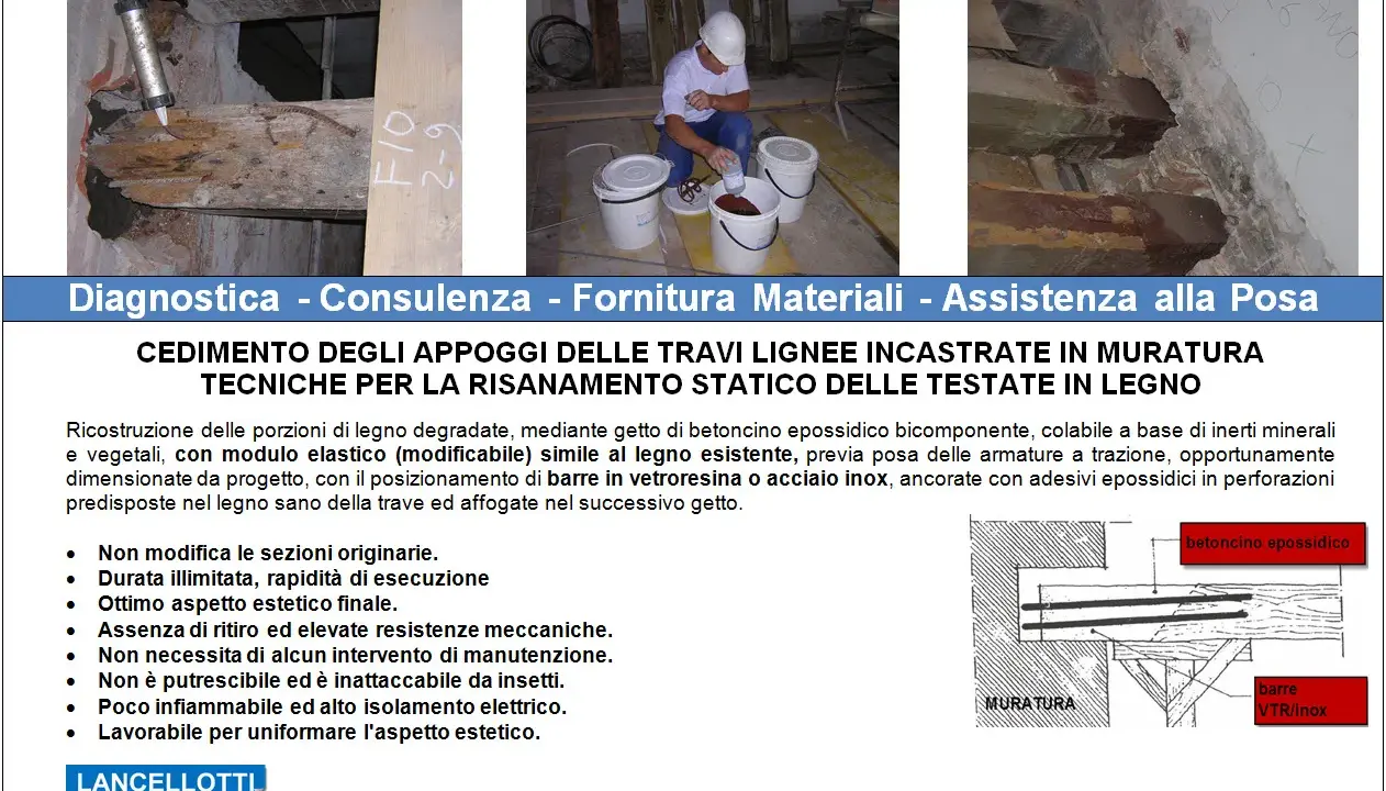 Tecnici al lavoro per il restauro travi in legno, con betoncino epossidico e barre in VTR/inox.