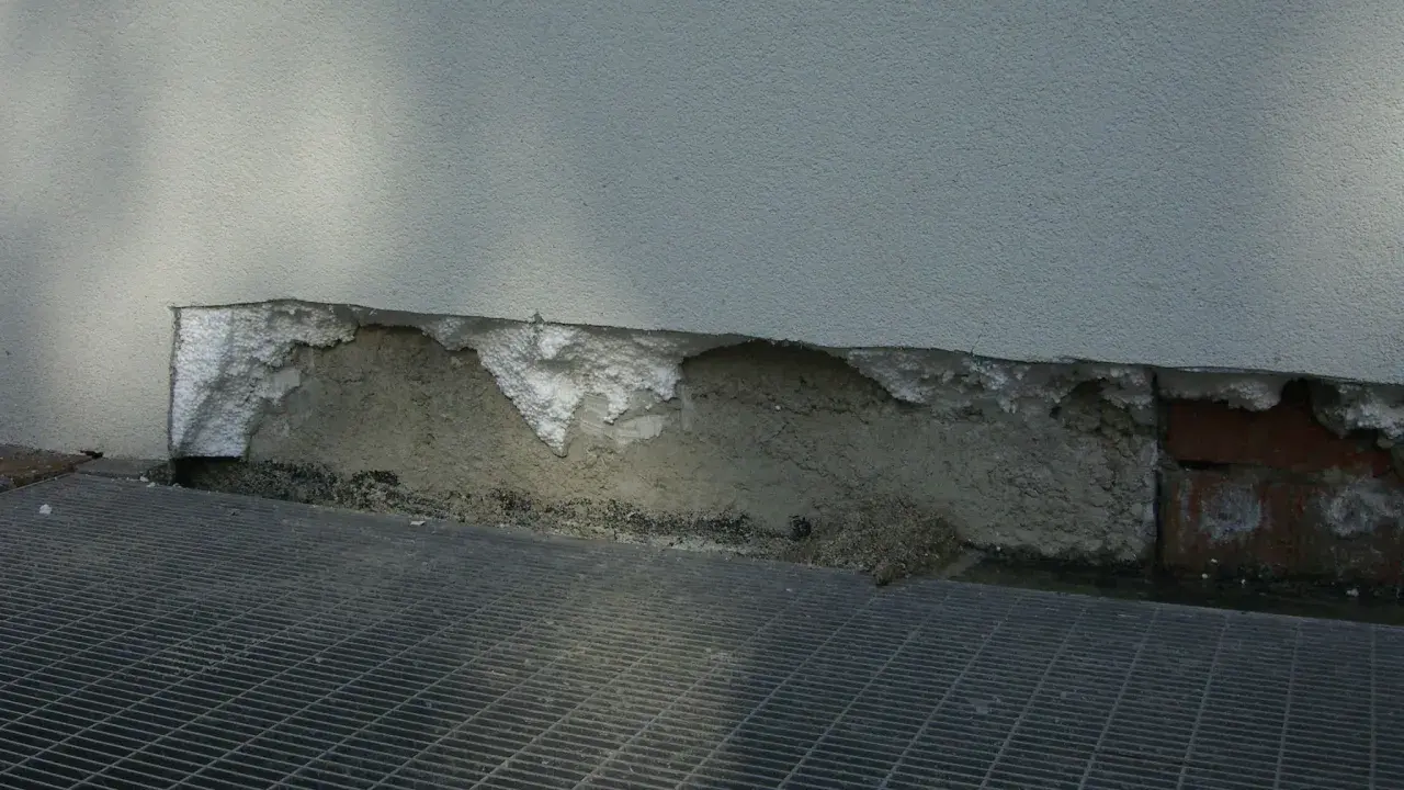 Dettaglio di un muro con isolamento danneggiato, mostrando la differenza tra xps e eps. Grata metallica in primo piano.