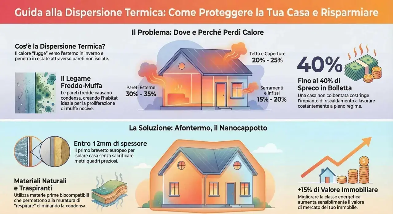 Illustrazione che mostra la dispersione termica in una casa, con soluzioni come il nanocoat per migliorare l'involucro edilizio e aumentare il valore immobiliare.