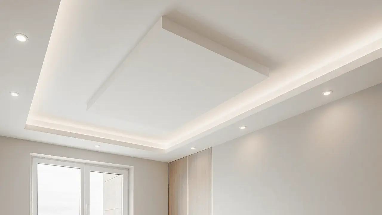 Soffitto moderno con controsoffitto in cartongesso, illuminazione a LED integrata e un pannello centrale sospeso.