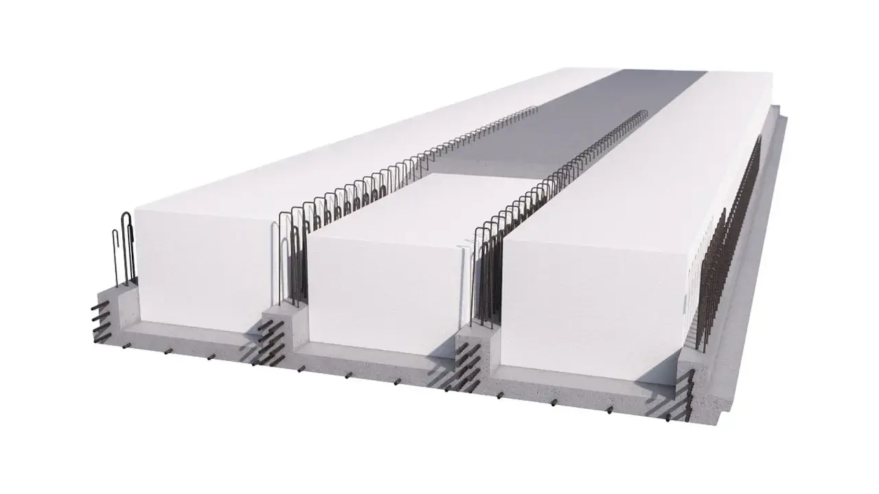 Sezione di un solaio in calcestruzzo armato precompresso con elementi prefabbricati in polistirene e armature metalliche.
