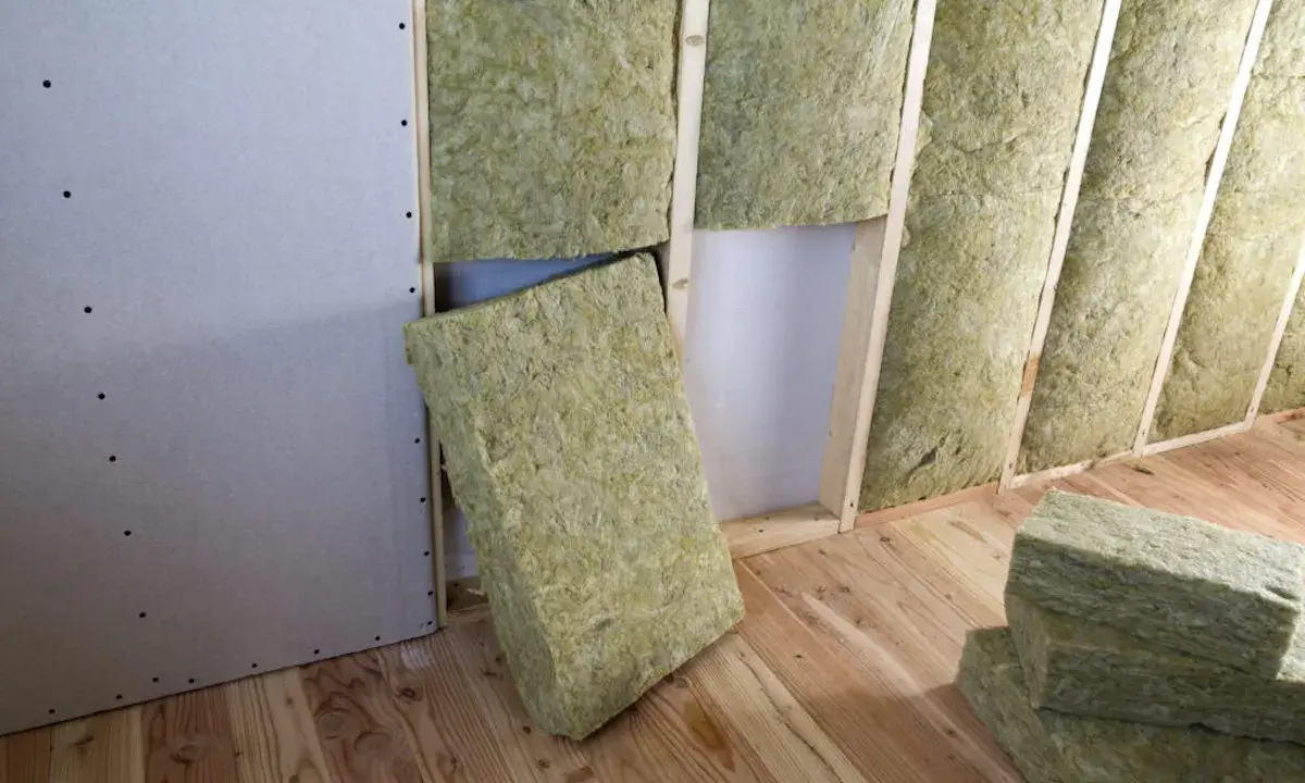 Pannelli di lana di roccia pronti per l'isolamento termico casa, inseriti tra le travi di legno di una parete in costruzione.