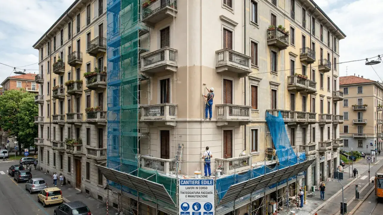 Lavoratori in azione per dipingere casa esterno, con impalcature e teli blu che coprono la facciata in ristrutturazione.