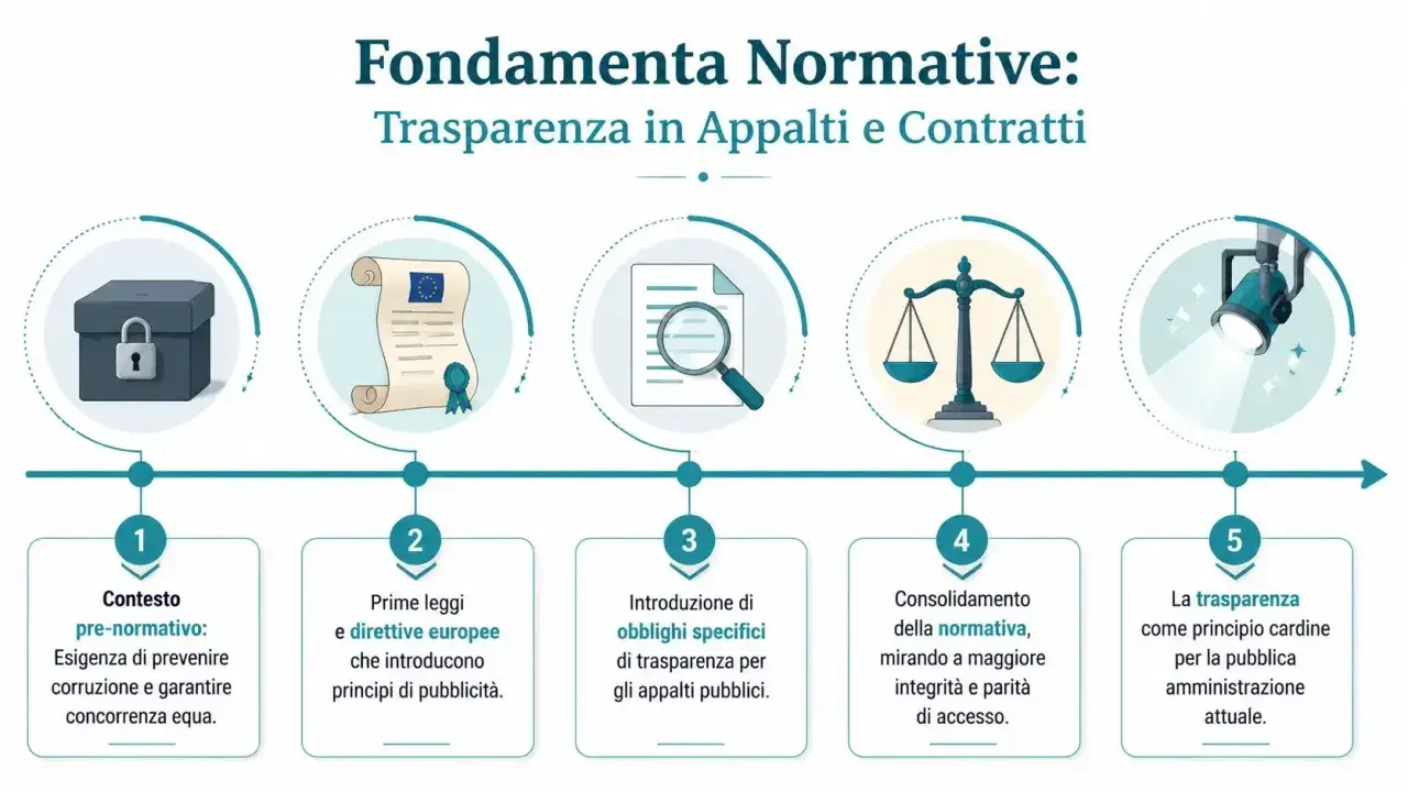 Schema sui fondamenti normativi per la trasparenza in appalti e contratti. Chi firma il sal? La normativa mira a prevenire corruzione e garantire equità.