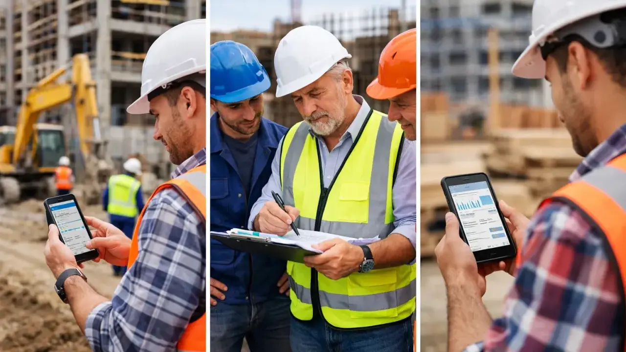 Operai in un cantiere consultano un libro giornale digitale su smartphone e tablet, coordinando i lavori.