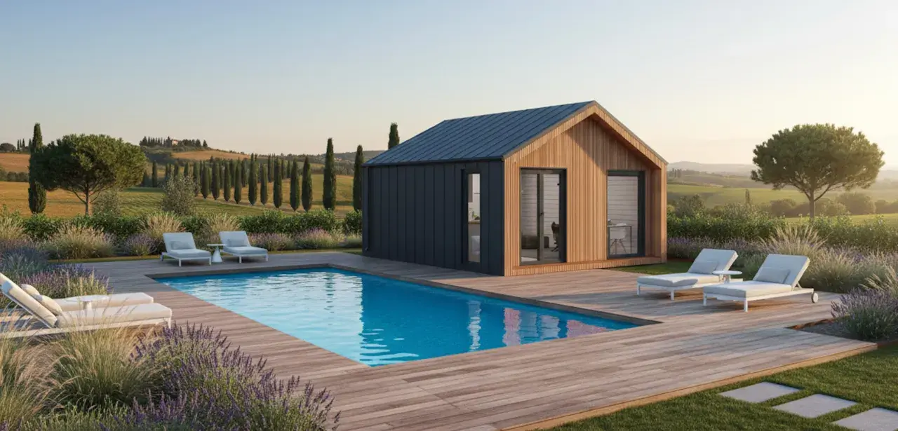 Case prefabbricate senza concessione edilizia: un'oasi di relax in campagna con piscina e vista panoramica.
