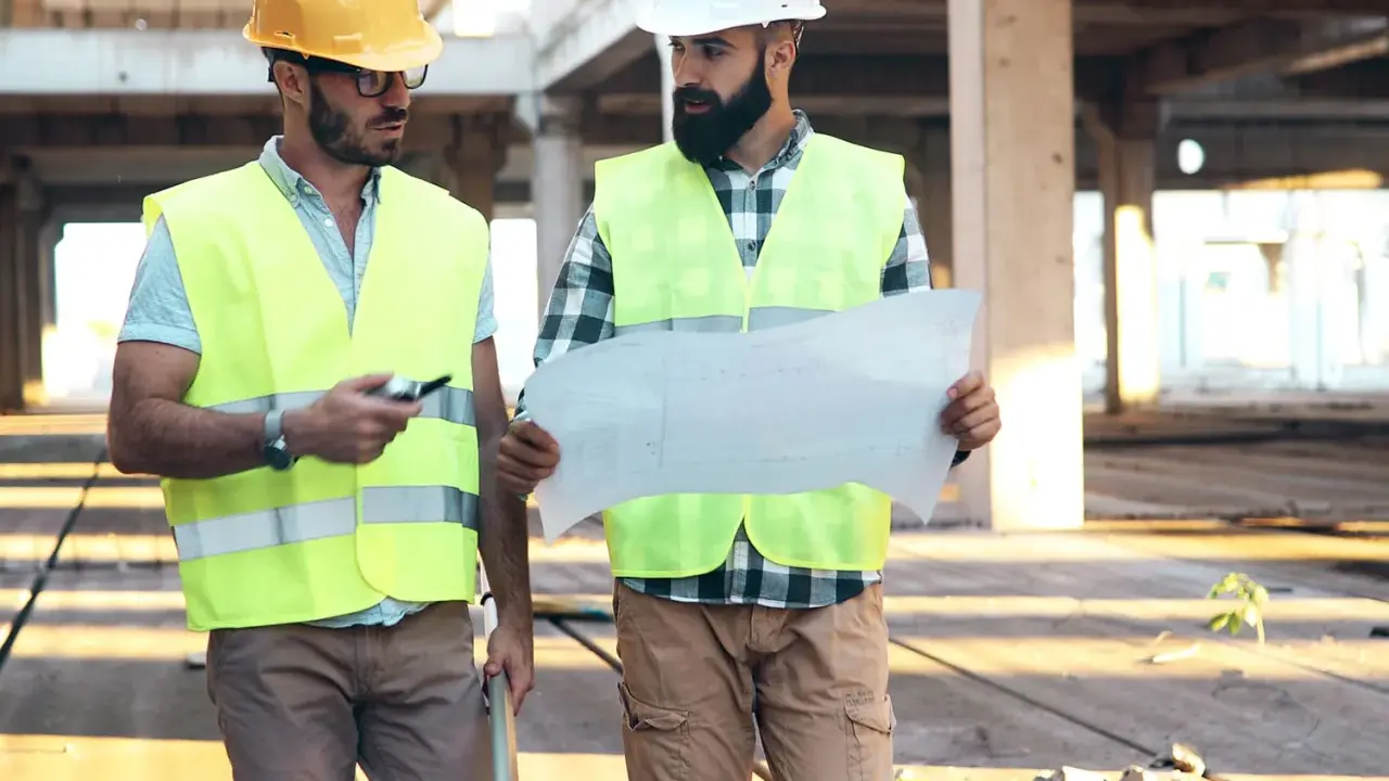 Due operai con caschi e giubbotti ad alta visibilità esaminano un progetto. Uno, il responsabile dei lavori, indica un dettaglio.