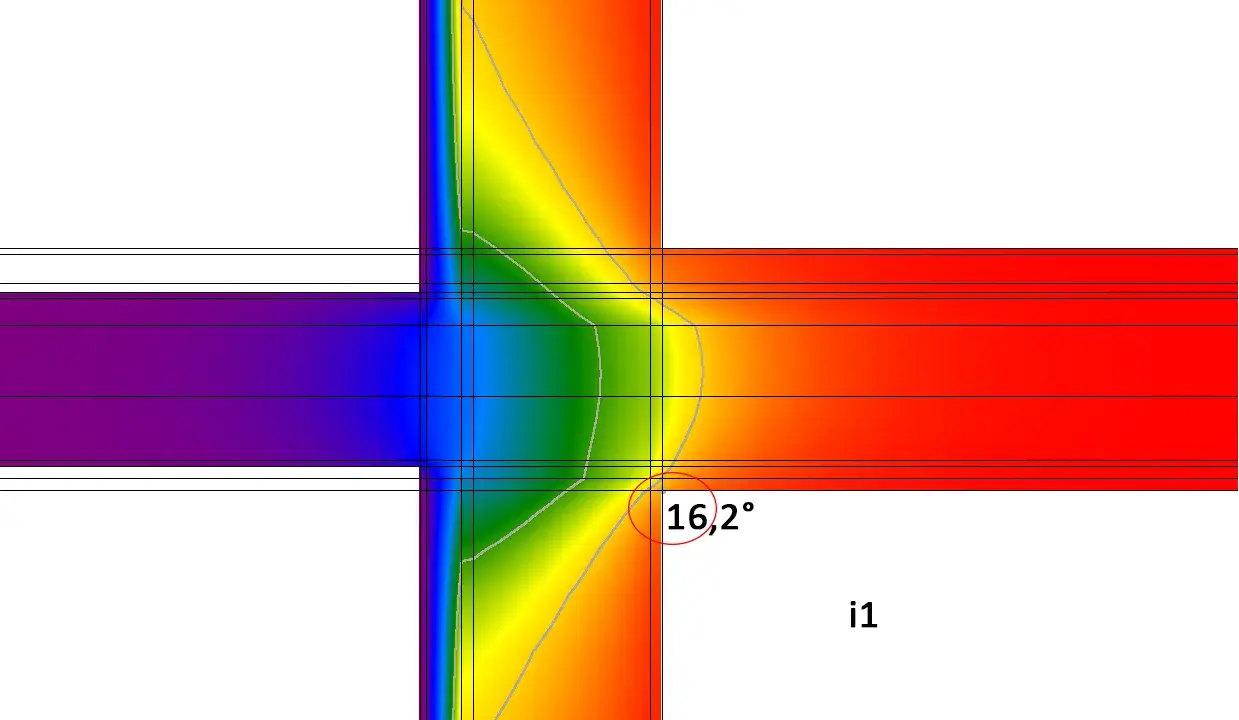 Analisi termica di un angolo, evidenzia il ponte termico e le possibili soluzioni. Temperatura 16,2°.