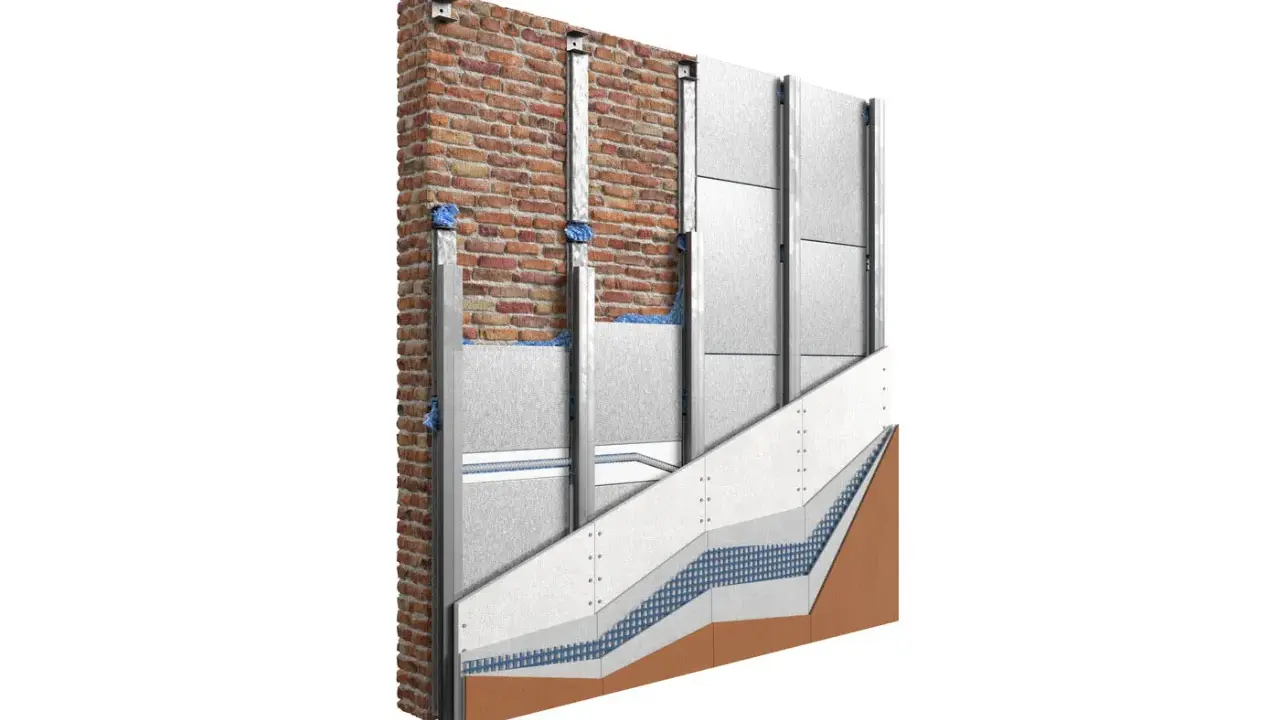 Sezione di un muro con isolamento termico e rivestimento esterno, illustra un intervento di efficientamento energetico.