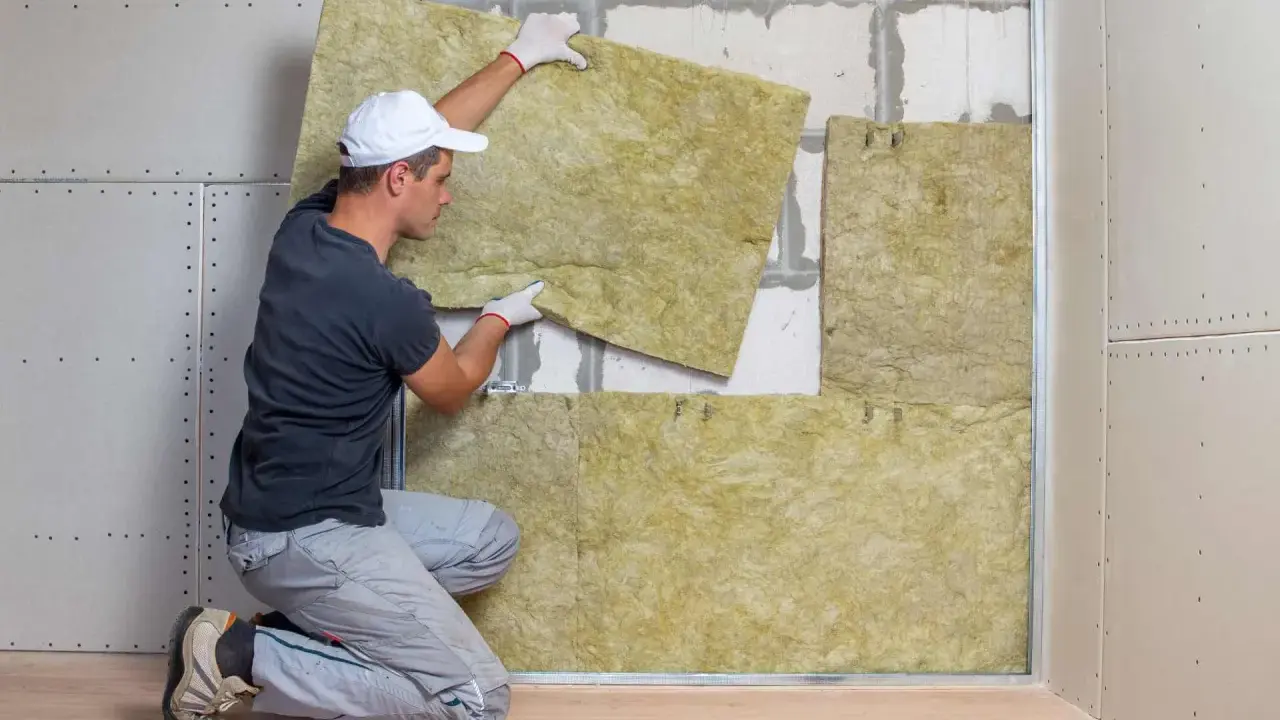 Operaio posiziona pannelli per isolamento termico soffitto dall'interno. Lavori di ristrutturazione in corso.