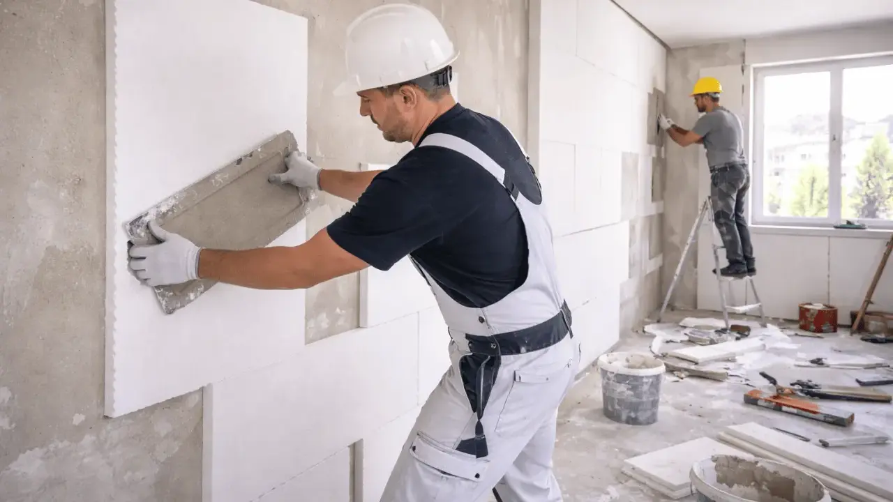 Operai applicano pannelli per l'isolamento termico delle pareti, un passo fondamentale per il comfort e il risparmio energetico.