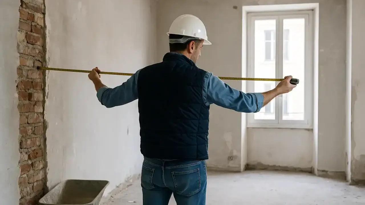 Operaio con metro misura muro grezzo in stanza in fase di ristrutturazione, cantiere in sanatoria.