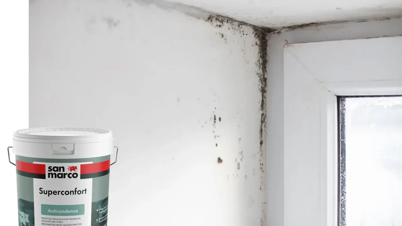 Angolo di una stanza con muffa sul muro e sul soffitto, accanto a un barattolo di vernice antimuffa San Marco Superconfort Anticondensa.