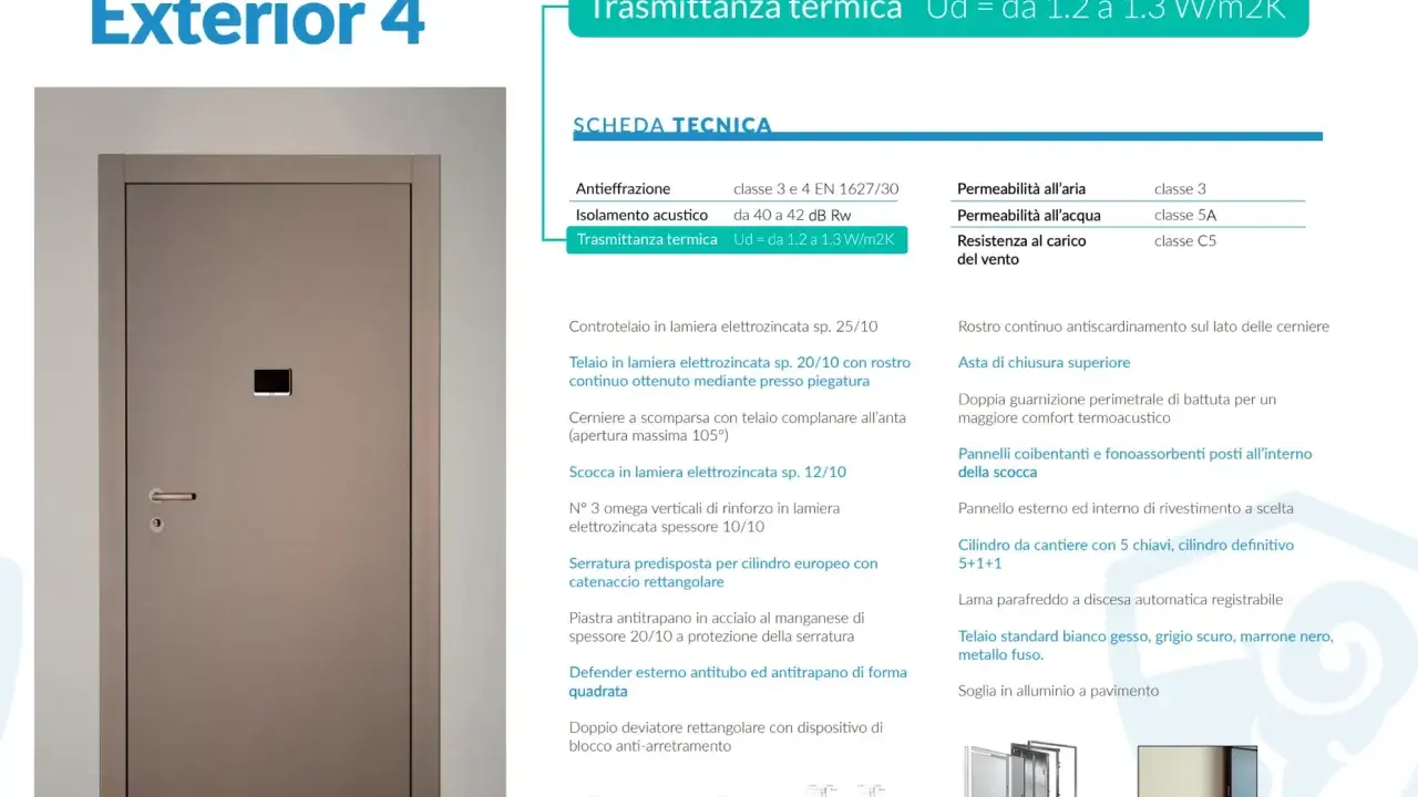 Porta blindata da esterno con eccellente trasmittanza termica Ud = 1.2-1.3 W/m2K, garantendo comfort e isolamento.