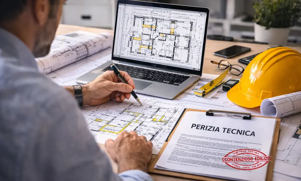 Un professionista esamina un progetto edilizio, con un laptop che mostra planimetrie e un documento intitolato "Perizia Tecnica".