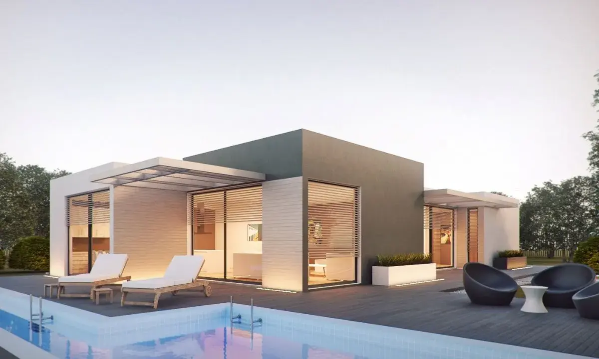 Moderna casa in Xlam con piscina e lettini. Valutare i case in Xlam pro e contro per un'abitazione sostenibile e di design.