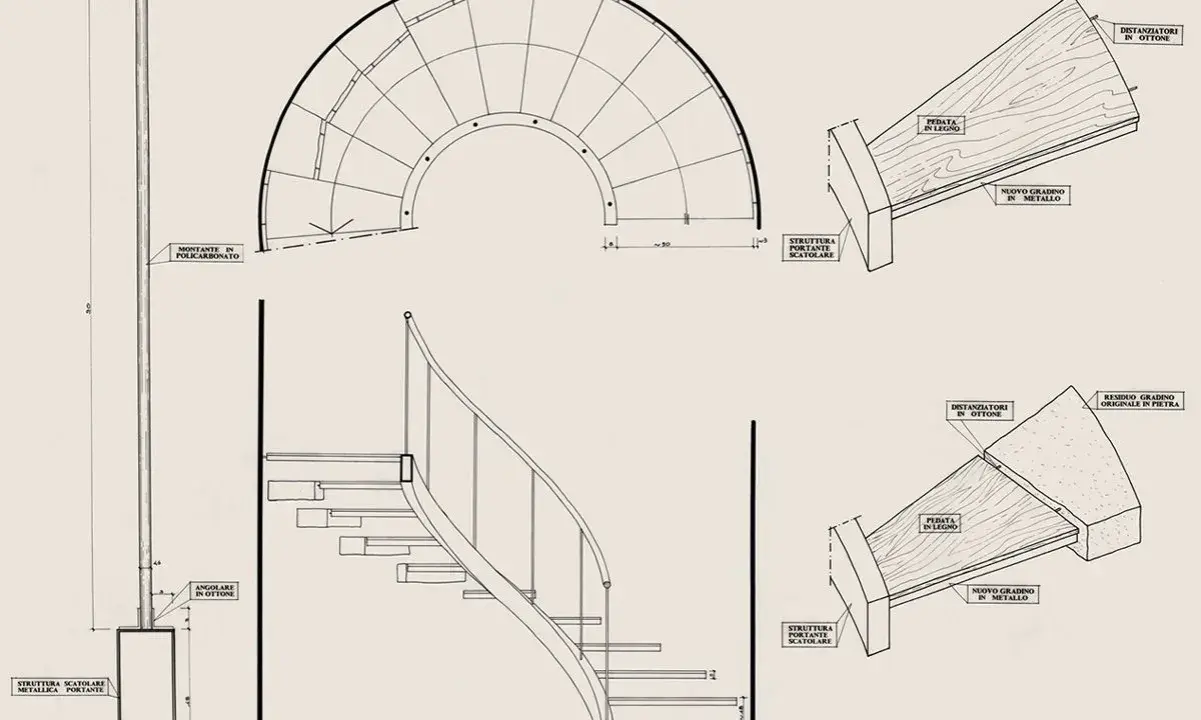 Disegno tecnico di una scala a chiocciola con dettagli sui materiali e sulla struttura portante, conforme alla normativa scale.