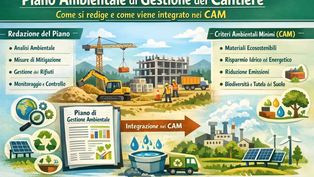 Illustrazione che mostra le fasi di un piano ambientale di cantierizzazione: redazione, integrazione nei CAM e criteri ambientali minimi, con elementi grafici di un cantiere e un impianto industriale.