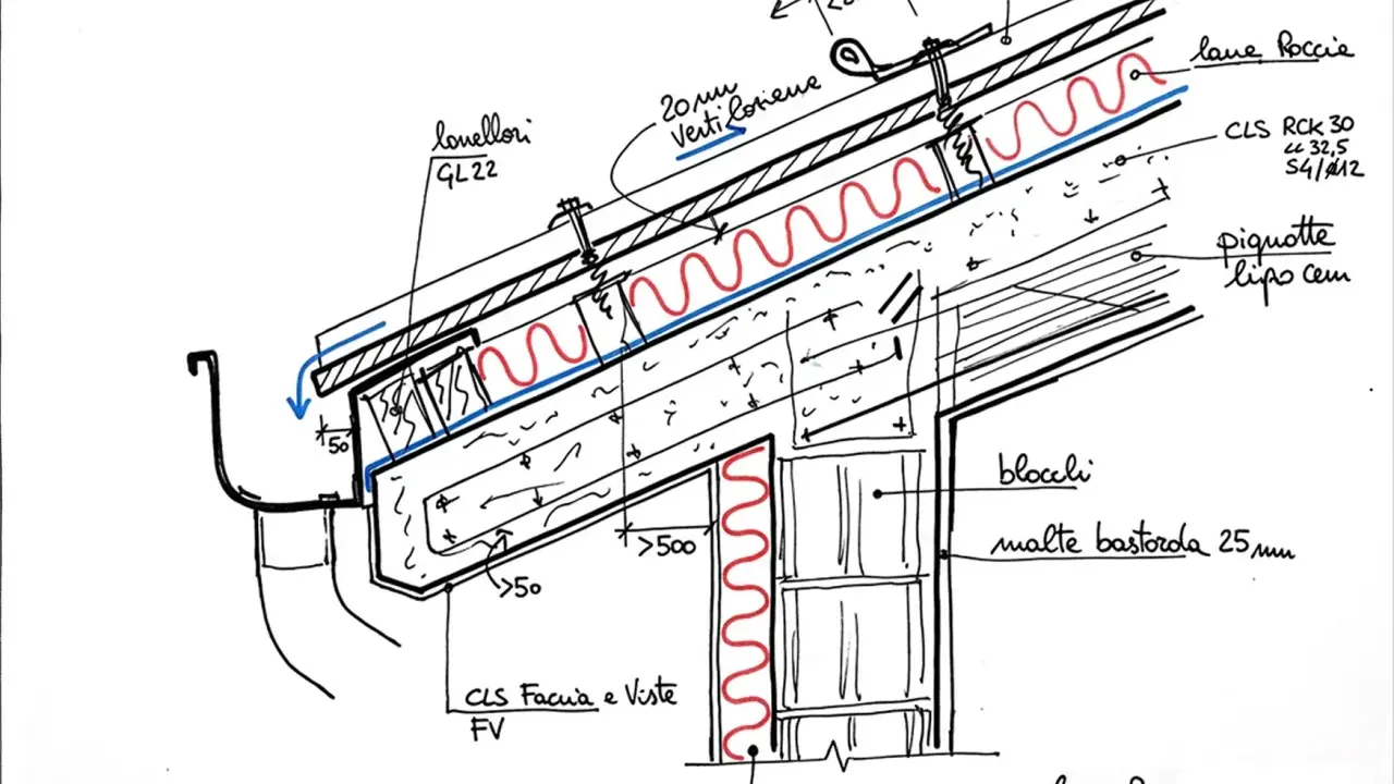 Disegno tecnico di una sezione di tetto con isolamento in lana di roccia, che garantisce un **tetto caldo** e ben ventilato.