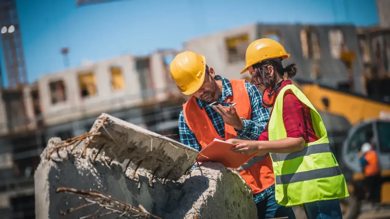 Due operai con caschi gialli e giubbotti ad alta visibilità discutono un progetto di **construction management** su un cantiere.