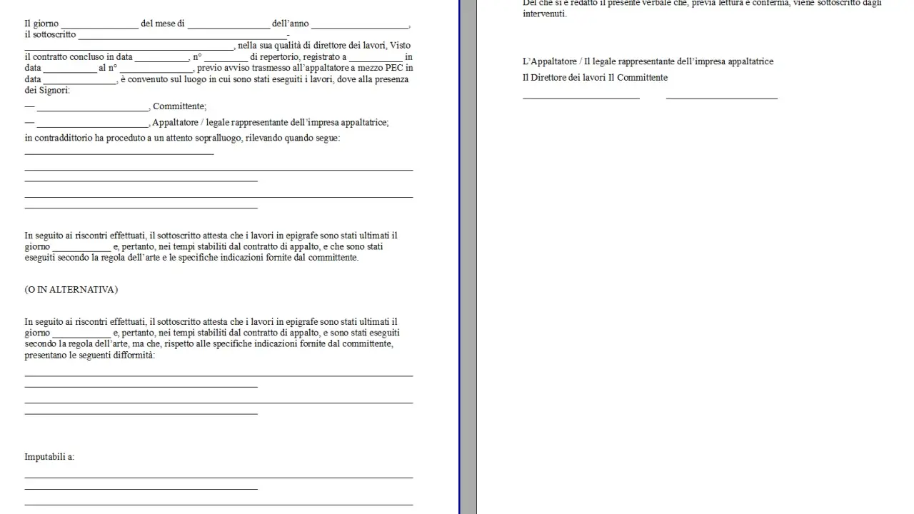 Verbale di fine lavori privati fac simile: documento per accettazione lavori, con spazi per committente, appaltatore e direttore lavori.