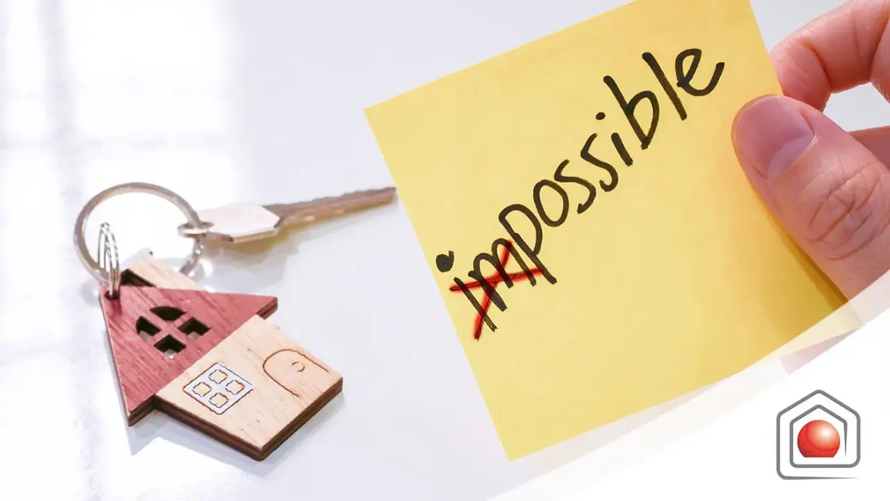 Chiavi di casa con portachiavi a forma di casetta. Post-it giallo con "impossible" barrato, simboleggia che l'edilizia convenzionata pro e contro può diventare possibile.