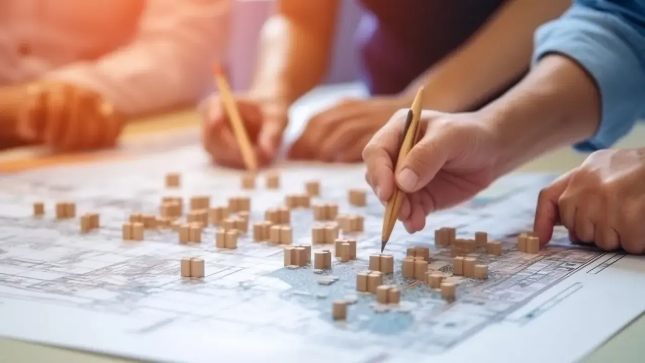 Mani che studiano una mappa con modelli di edifici, per capire cosa sono gli standard urbanistici e come definire lo sviluppo di una città.