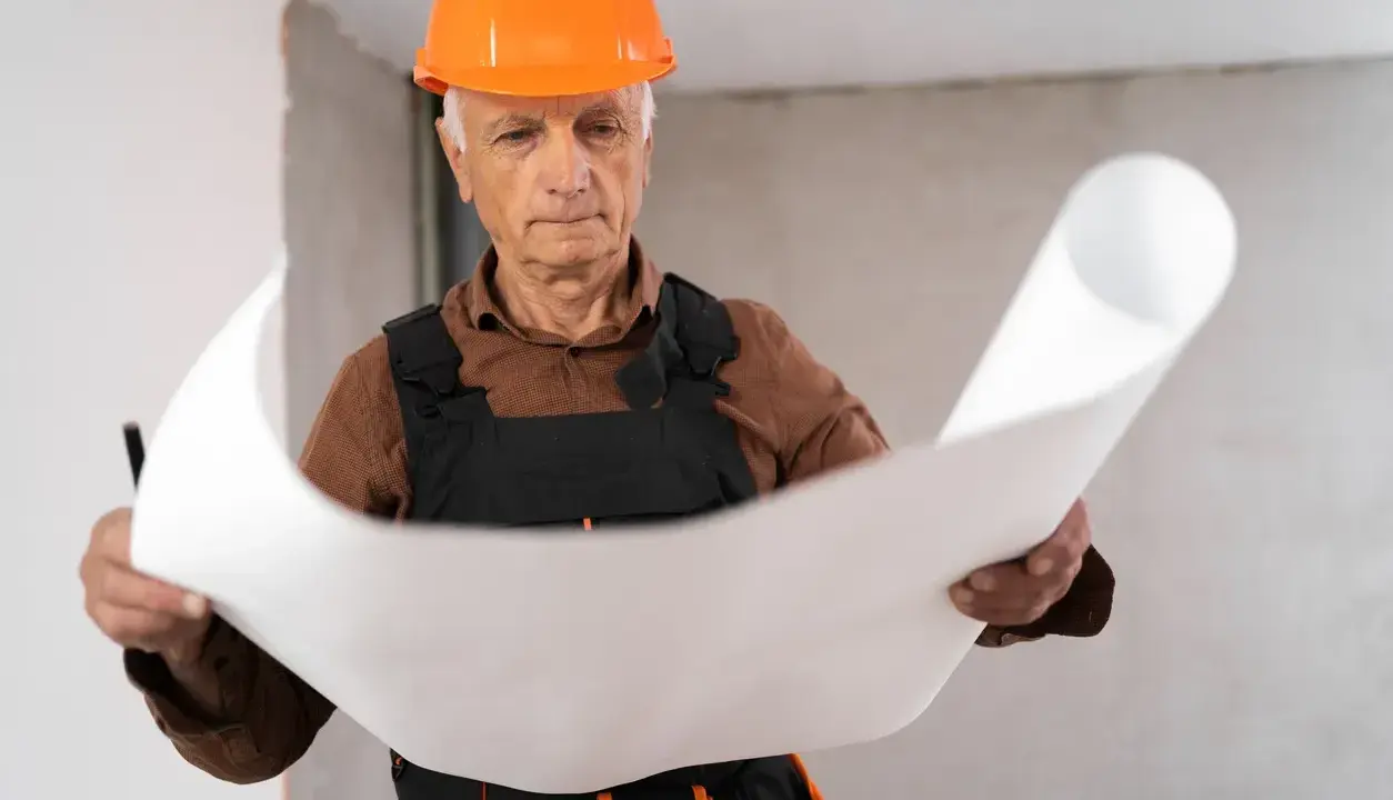 Un esperto capomastro, con casco arancione, studia attentamente un progetto, dimostrando il vero significato di guida e competenza in cantiere.
