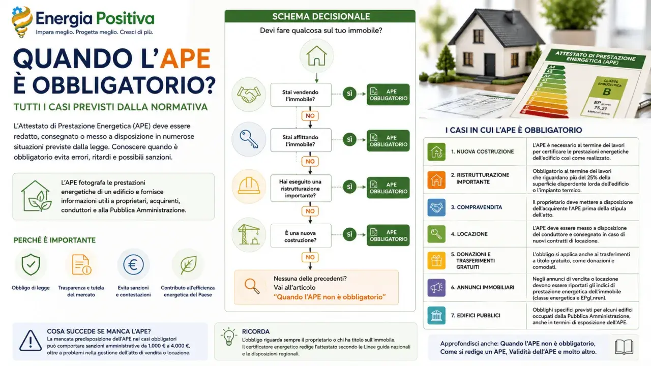 Schema decisionale sull'APE: quando è obbligatorio? Vendita, affitto, ristrutturazione o nuova costruzione rendono l'Attestato di Prestazione Energetica necessario.