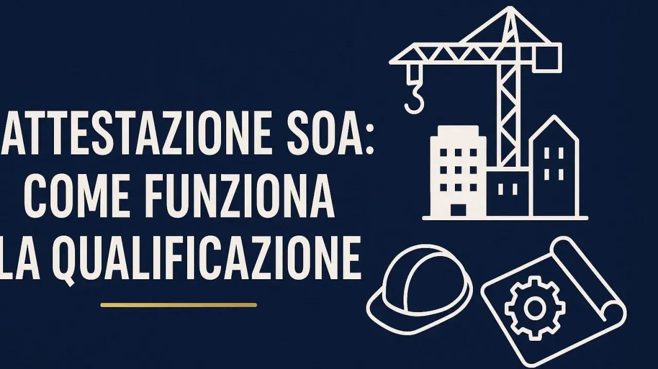 Attestazione SOA: come funziona la qualificazione. Icone di cantiere, casco e progetto.