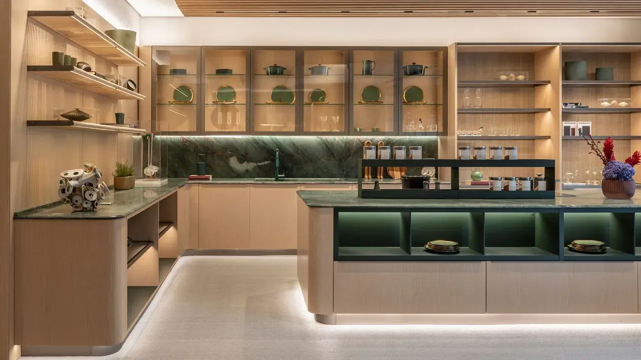 Una cucina moderna con un'isola centrale. Il piano di lavoro e il paraschizzi in marmo verde creano un contrasto elegante con le ante in legno chiaro. Il colore verde domina, donando un tocco di natura e raffinatezza.