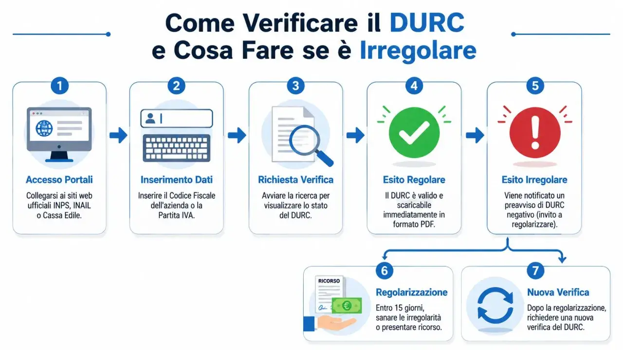 Schema su come verificare il DURC: accesso portali, inserimento dati, richiesta verifica, esito regolare o irregolare, regolarizzazione e nuova verifica.