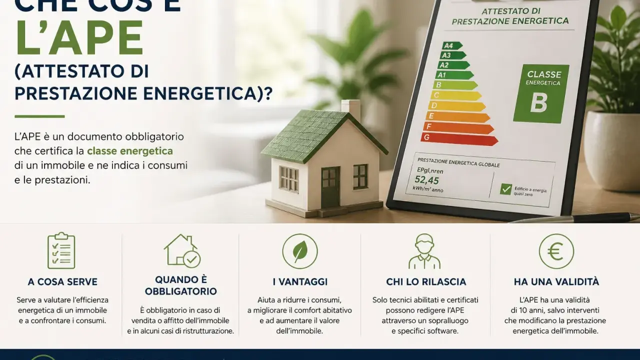 L'APE, attestato di prestazione energetica, è un documento che certifica la classe energetica di un immobile. Solo tecnici abilitati chi rilascia ape.