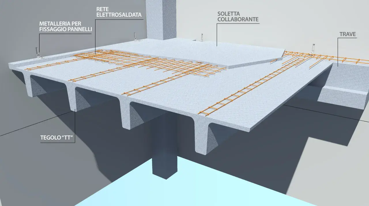 Dettaglio costruttivo di un tetto in cemento armato con tegoli "TT", rete elettrosaldata e soletta collaborante. Pro e contro da valutare per la scelta.