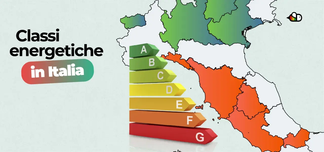 Mappa dell'Italia con le classi energetiche. Le regioni sono colorate in base all'efficienza, con una scala da A (verde) a G (rosso).