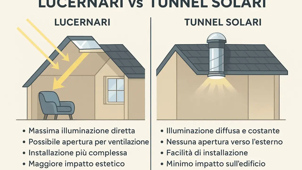 Confronto tra lucernari e tunnel solari: il lucernario porta luce diretta, il tunnel solare diffusa. Entrambi migliorano la luce solaio.