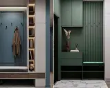 Ingressi in cartongesso moderni con panche, mensole illuminate e armadi a muro. Uno con cappotto appeso, l'altro con decorazioni verdi.