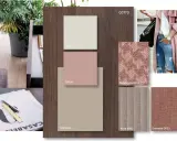 Moodboard con palette di colori da abbinare al rosa antico: tonalità neutre, tessuti e un tocco di denim.