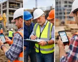 Operai in un cantiere consultano un libro giornale digitale su smartphone e tablet, coordinando i lavori.