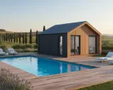 Case prefabbricate senza concessione edilizia: un'oasi di relax in campagna con piscina e vista panoramica.