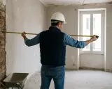 Operaio con metro misura muro grezzo in stanza in fase di ristrutturazione, cantiere in sanatoria.
