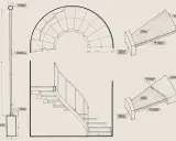 Disegno tecnico di una scala a chiocciola con dettagli sui materiali e sulla struttura portante, conforme alla normativa scale.
