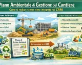 Illustrazione che mostra le fasi di un piano ambientale di cantierizzazione: redazione, integrazione nei CAM e criteri ambientali minimi, con elementi grafici di un cantiere e un impianto industriale.