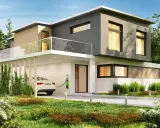 Casa moderna con tetto piano, balcone in vetro e un'auto bianca in carica. Il colore esterno casa verde si integra con il giardino lussureggiante.