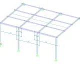 Modello 3D di una struttura metallica con pilastri, travi e controventature. Evidenziato un giunto strutturale con quote dimensionali.