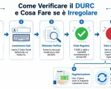 Schema su come verificare il DURC: accesso portali, inserimento dati, richiesta verifica, esito regolare o irregolare, regolarizzazione e nuova verifica.