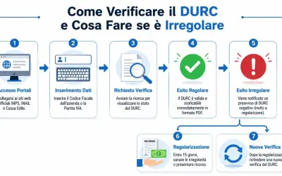 Schema su come verificare il DURC: accesso portali, inserimento dati, richiesta verifica, esito regolare o irregolare, regolarizzazione e nuova verifica.