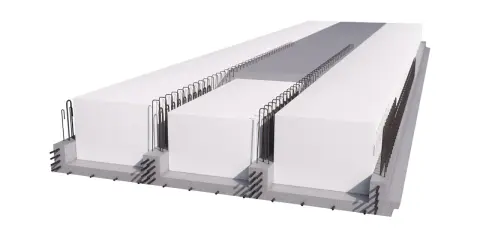 Sezione di un solaio in calcestruzzo armato precompresso con elementi prefabbricati in polistirene e armature metalliche.