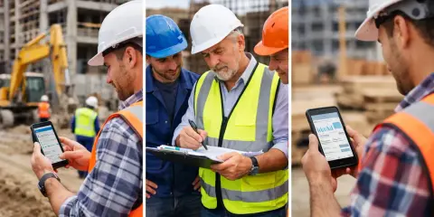 Operai in un cantiere consultano un libro giornale digitale su smartphone e tablet, coordinando i lavori.