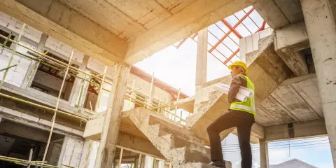 Ingegnere con caschetto giallo e giubbotto ad alta visibilità, con progetti in mano, osserva la **soletta edilizia** in cemento grezzo di un cantiere in costruzione.